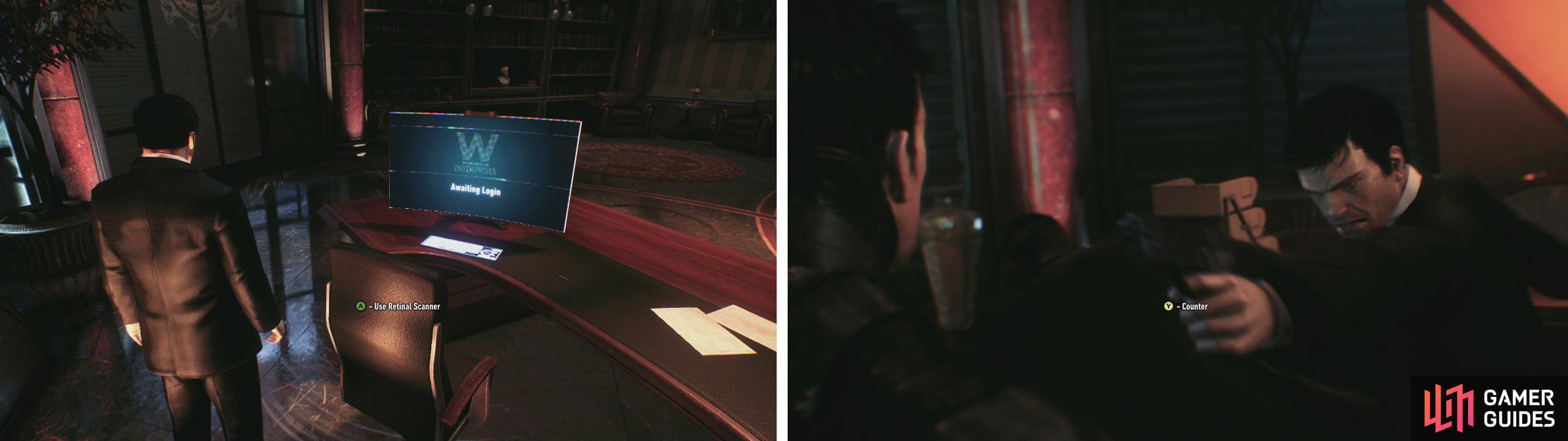 Try to use the computer for a scene (left). Counter the doppleganger when the counter icon appears (right).