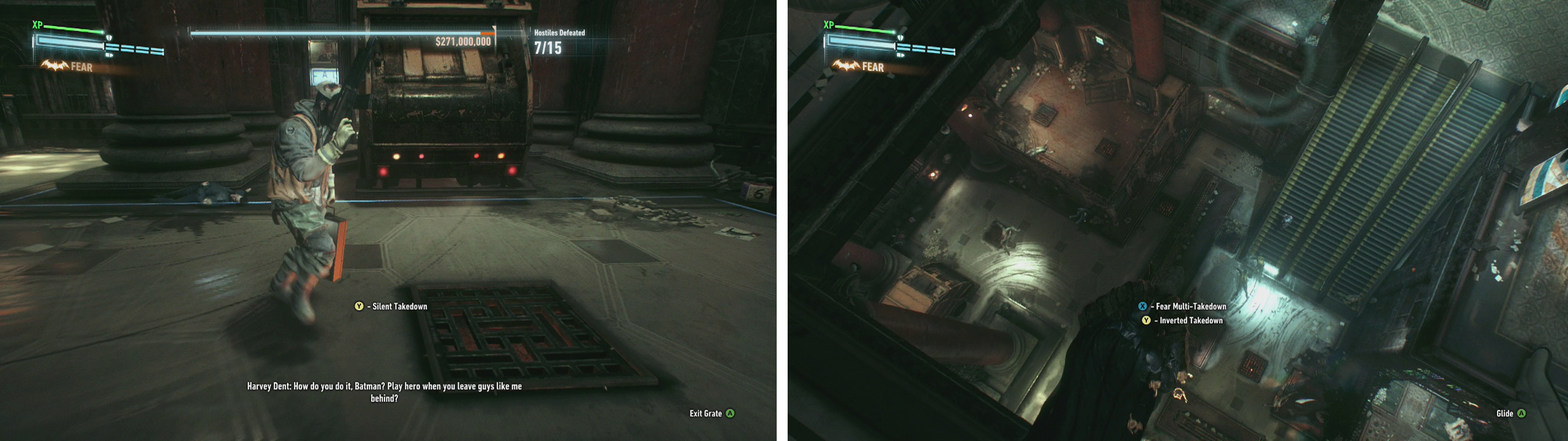 The floor by the vaults/escape trucks are useful in this robbery too (left). The vantage points are useful at getting around the large area quiote quickly (right).