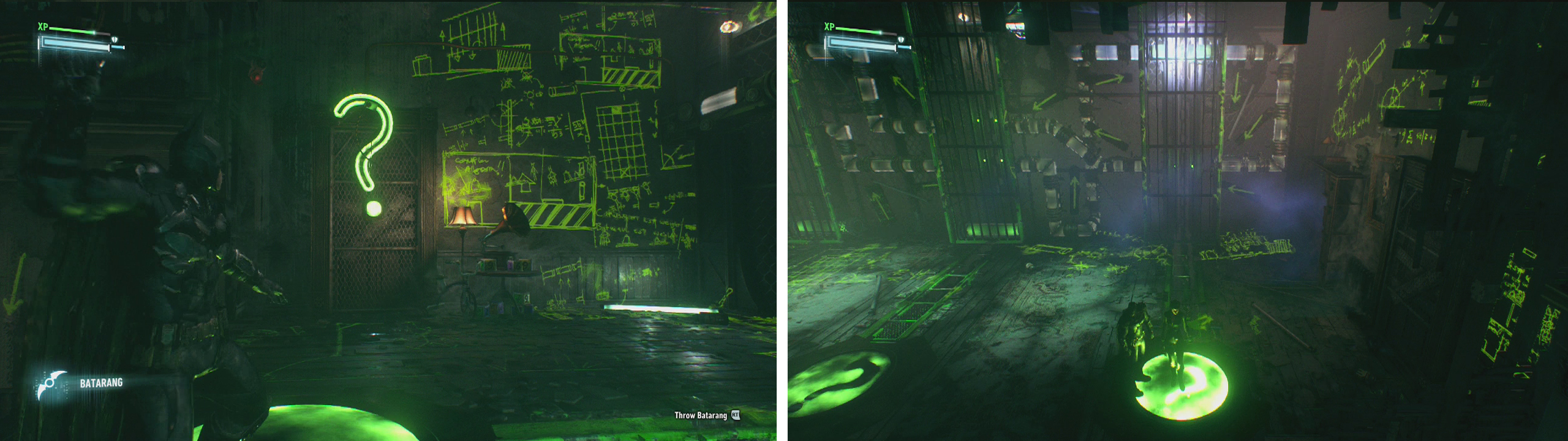 Step on the button to make the floor safe (left) and then fight off the Riddler Robots that show up (right).