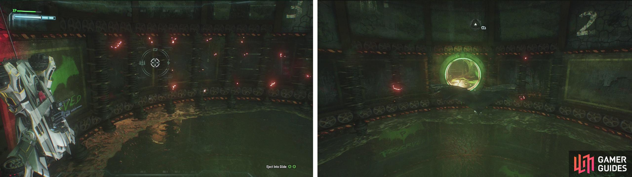 Rotate the platform so that the Batmobile is on the green bat grafitti (left). Eject and fly into the opening opposite (right).
