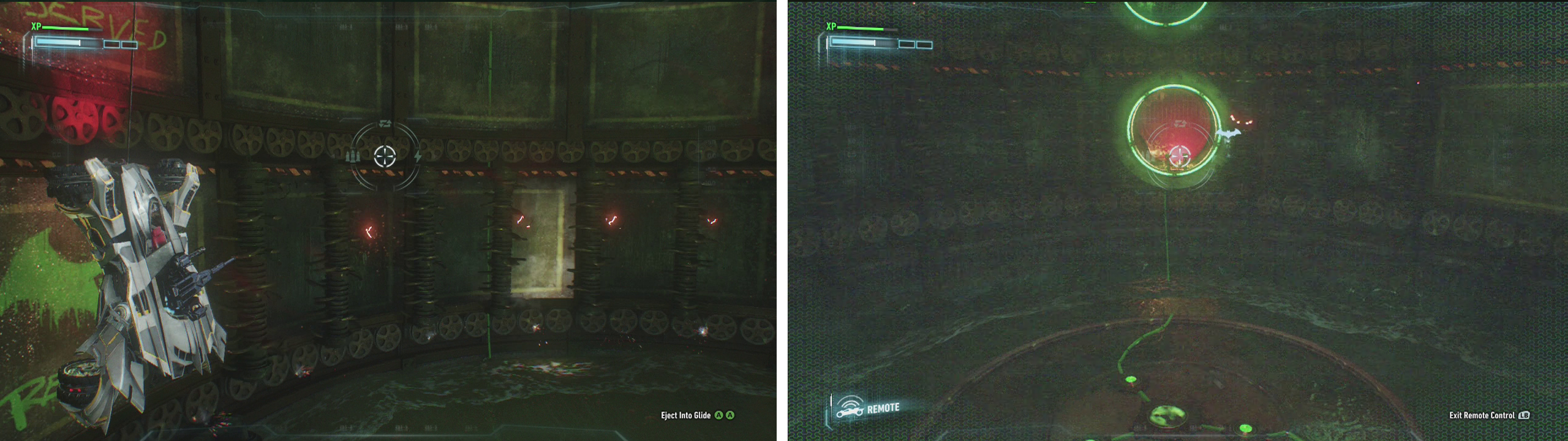 On the lowest level move onto the bat symbol again (left). After pulling the lever, shoot the Sentry Turret with the Batmobile (right)