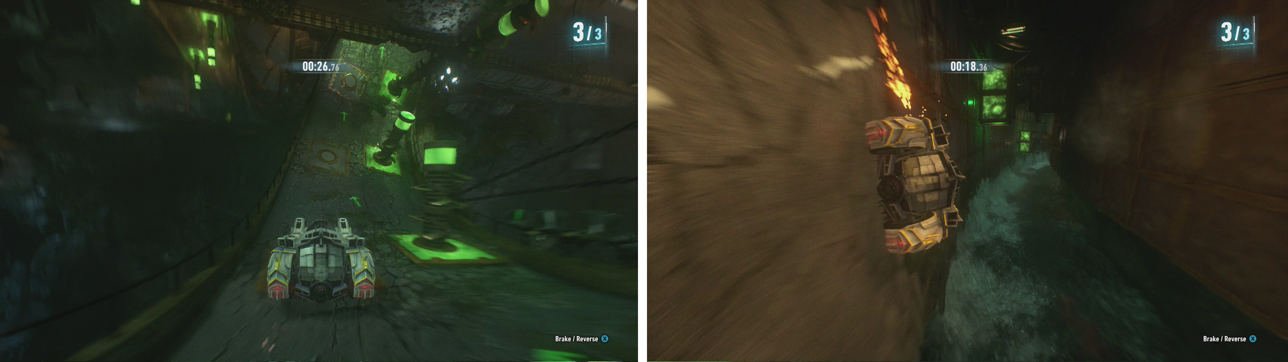 The spikes will change places on the final lap (left) and the final crushing floors become un-controllable (right).