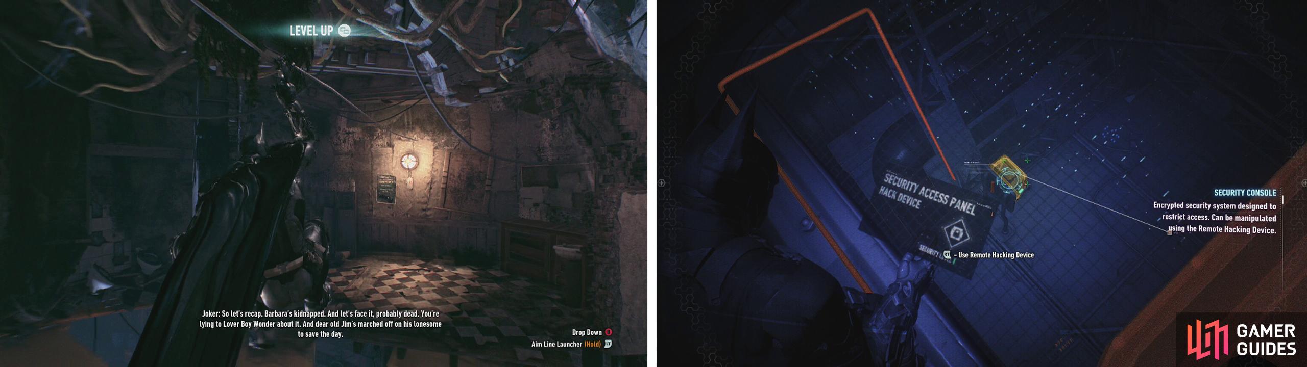 The Line Launcher can be used to cross gaps or hazardous floors (left). The Remote Hacking Device can open locked doors (right).