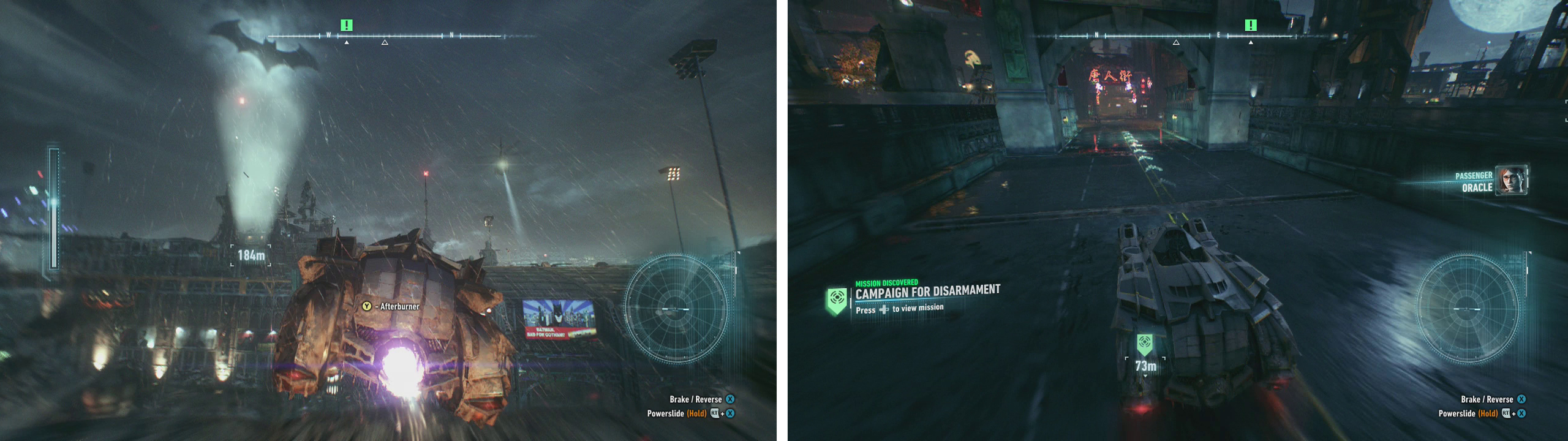 The Batmobile has an Afterburner boost (left). The GPS markers can help you get around the city quicker (right).