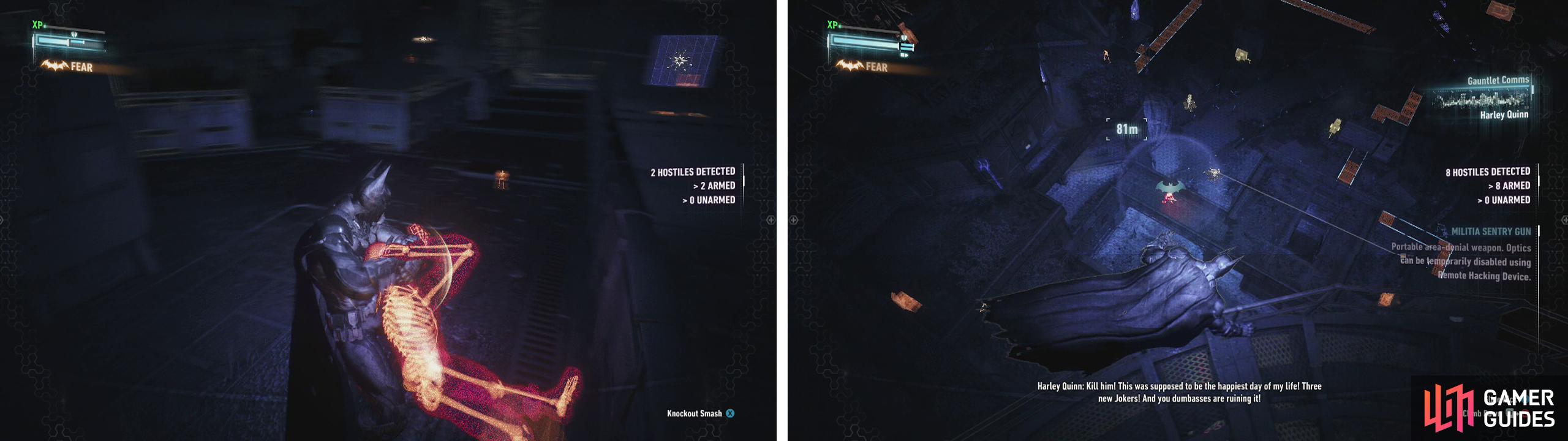 Armed enemies appear red (left) whilst the vents and other environmental objects appear as an orange colour (right).