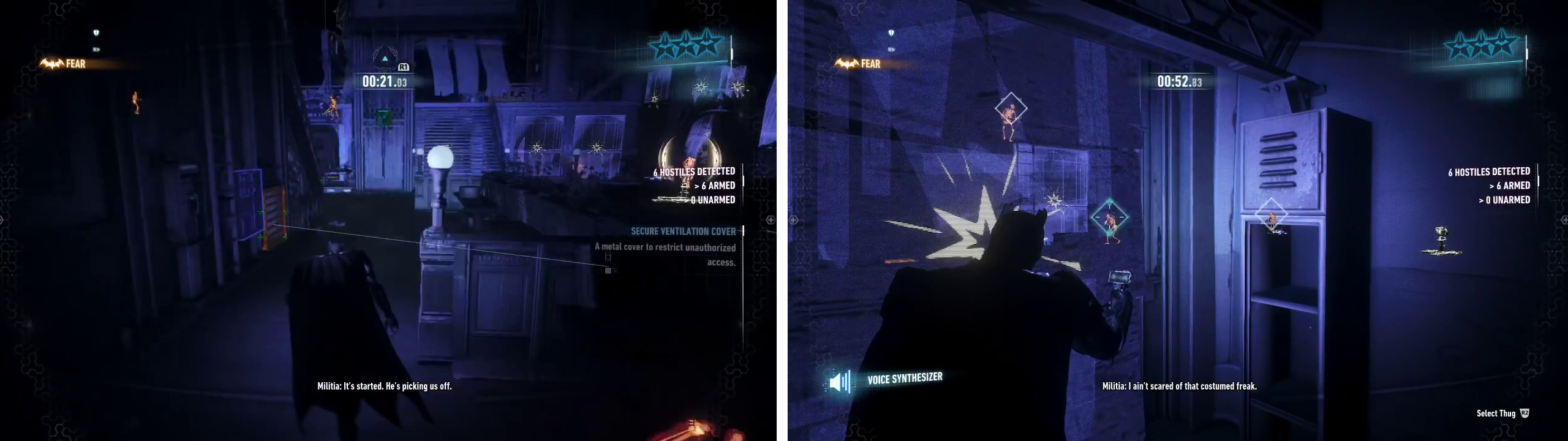 Enter the grating near the Sentry Turret (left). Use the Voice Synthesizer to lure enemies to the wall (right).