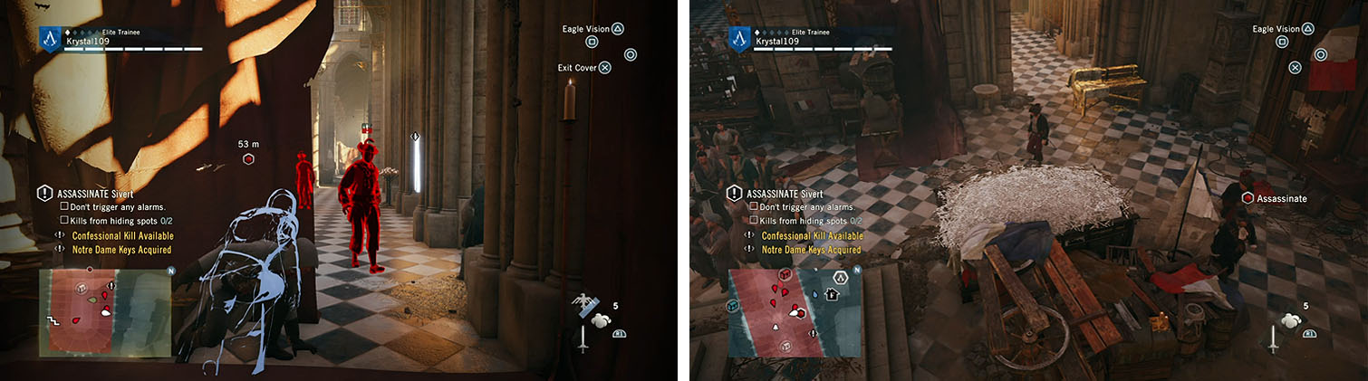 Quietly draw the guards in the hall over (left). After spotting Silvert wait for him to pass as you assassinate his bodyguard that breaks off from the group (right).
