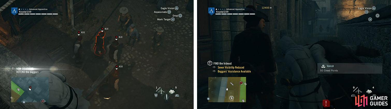 Save the rebels from the guards (left) and follow them to access the alley and kill the guards (right).