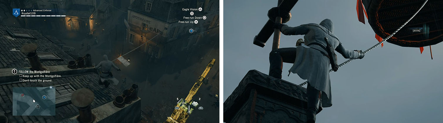 When the balloon crosses the open plaza turn left and use the rope above (left). When Elise get’s stuck on the chapel roof climb up and free her (right).