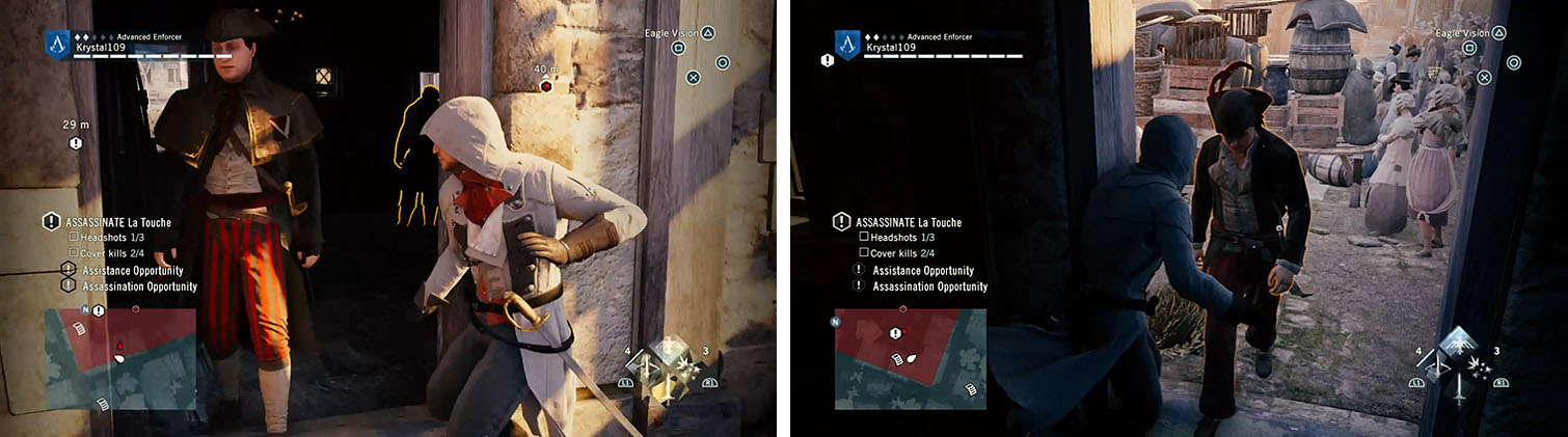 Drop to the ground and kill the guard when he walks to the doorway (left). Cross through the crowd and enter the opposite building to kill another guard (right).