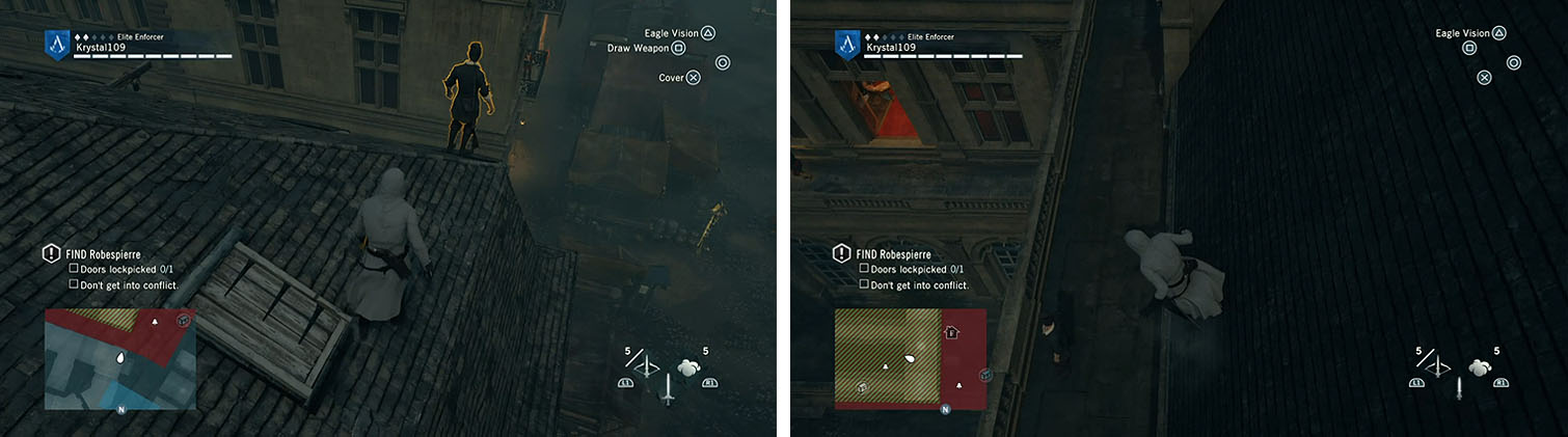 Skirt around the area to kill a sniper (left) and then enter the area and kill the snipers inside (right).