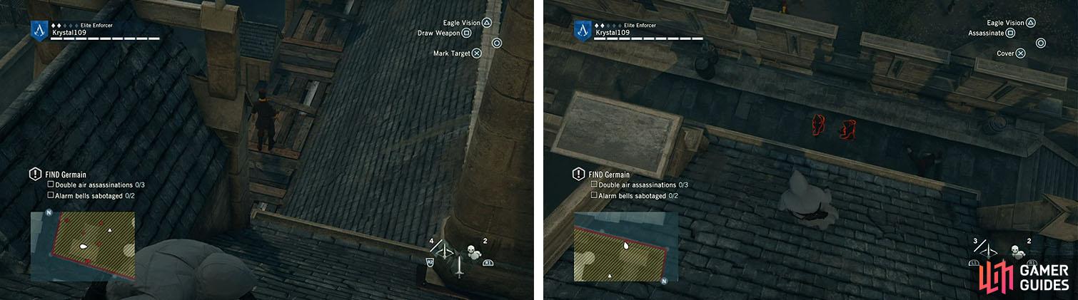 Climb the building to kill the sniper (left) and then double air assassinate the patrol (right).