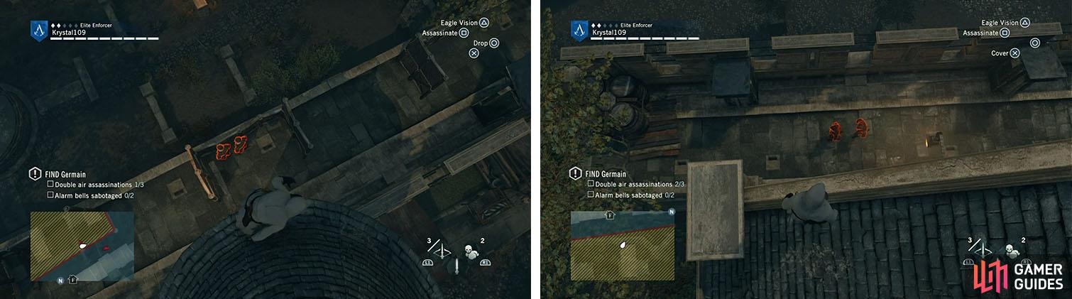 Climb the tower above the two guards for a double air assassination (left). Climb the building to also air assassinate the patrols here (right).