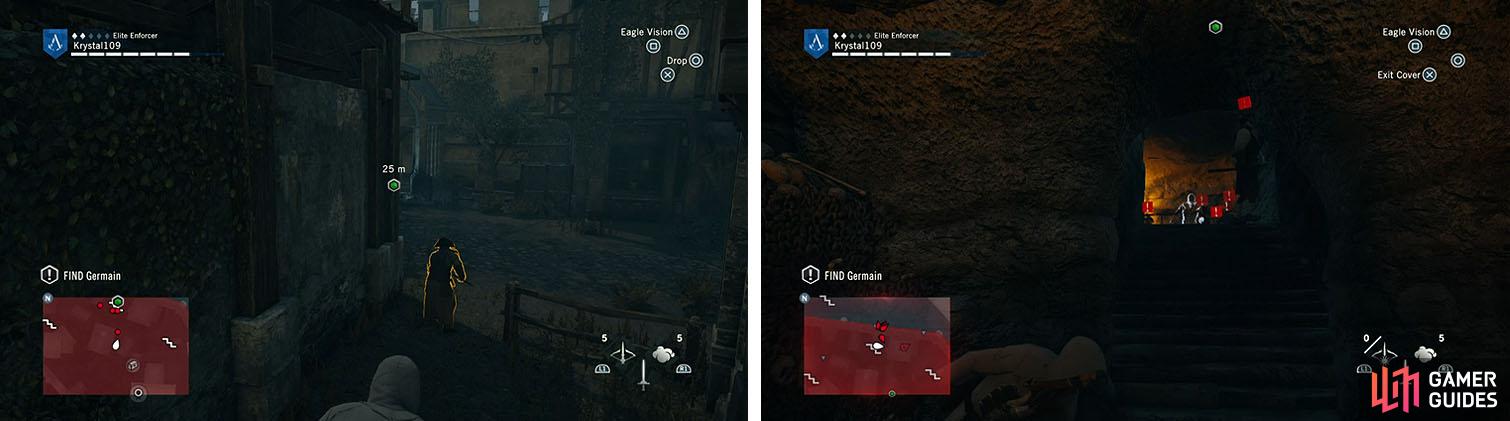Berserk Blade the Defender (left) and then lose any guards in the catacombs (right).