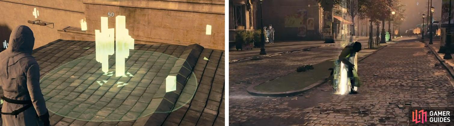 Green data is with 50 pts, but you must stand on it for a few second to decrypt it (left). Trapped Assassin’s are worth 250 - 1,000 pts and must be received (right).