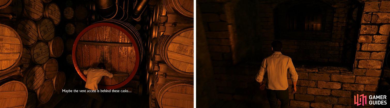 Move the wine casks backwards to create a path forward by circling around them.
