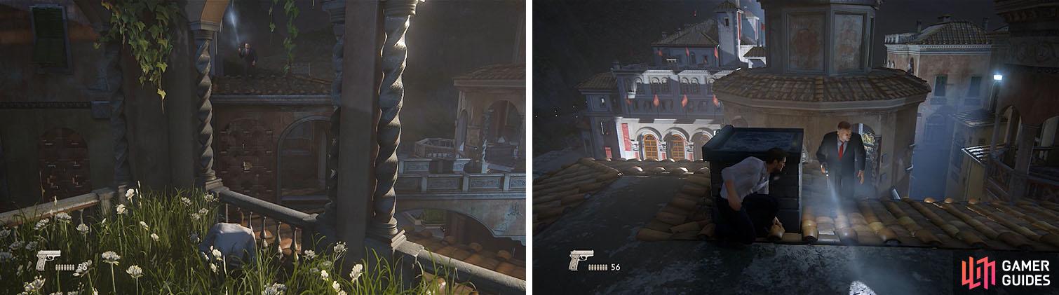 Wait for the guard on the roof to walk away (left) and then climb up and take cover by the chimney to stealth kill him (right).