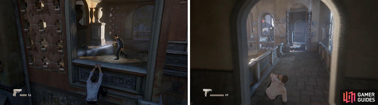Hang from the window and wait for the best chance to hop indoors for some stealth kills (left). The final guard in this area is easy to get behind (right).