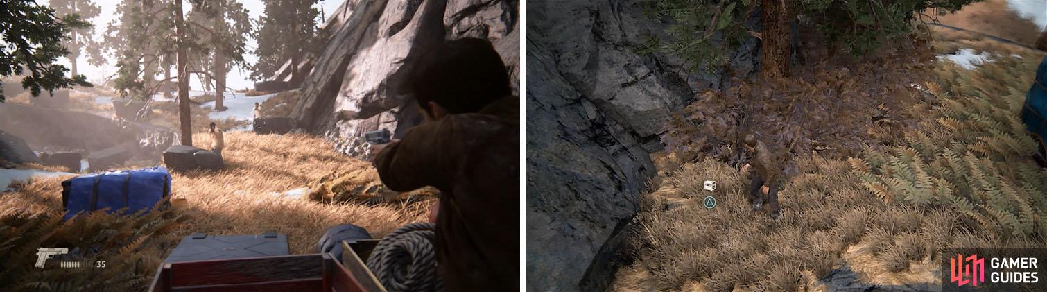 There are a few enemies near the Shoreline equipment (left) and once your reach the monks living quarters make sure to grab the treasure (right).