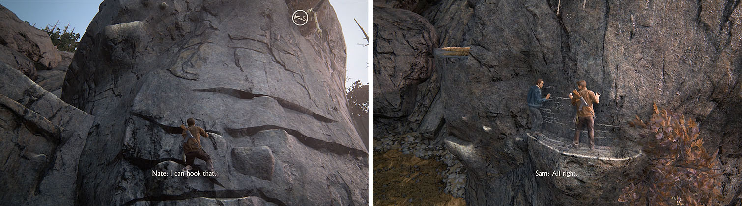 Zig-zag up the cliffside until you can boost Sam up the ledge to continue.