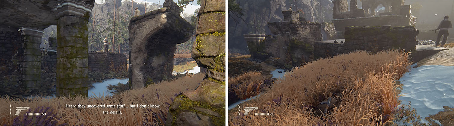 Pass through the arch and under behind the pillar with the enemy (left) to reach the tall grass in between the three Shoreline goons (right).