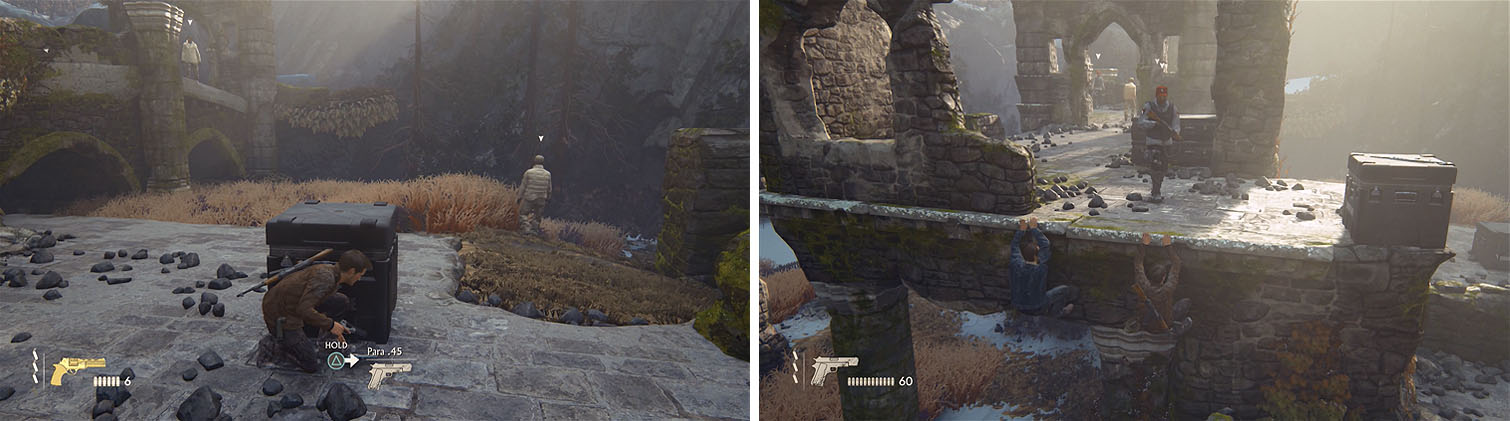 Ignore the enemy on the lower level (left) and work your way around the upper level starting here (right).