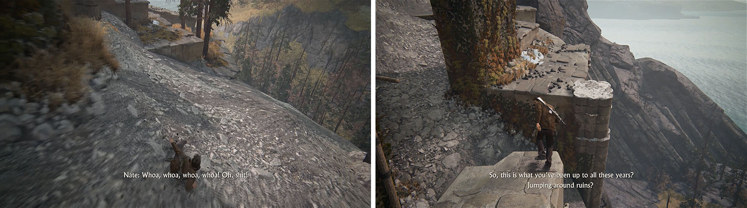 Make your way down the second gravel slope (left) and then look for the treasure beneath this platform (right).