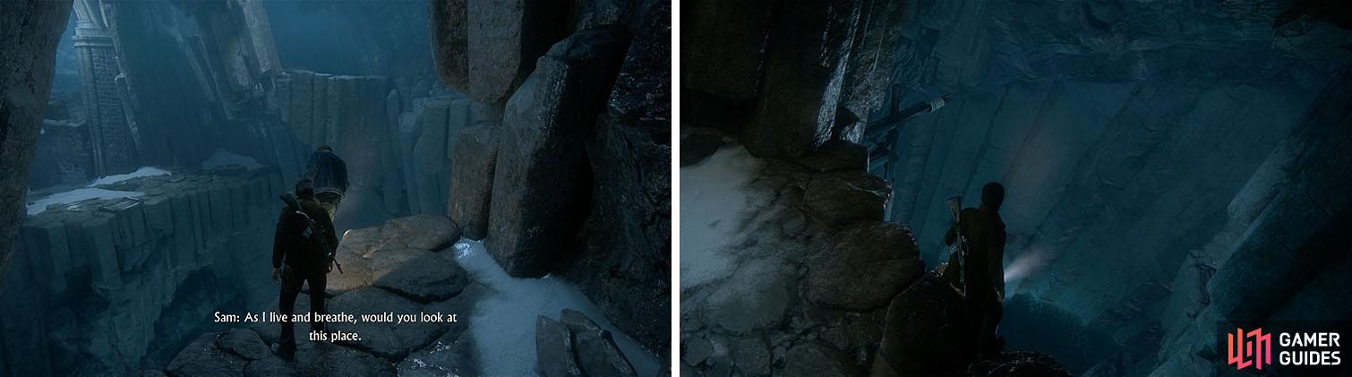 After speaking with Sam (left), look for a beam below a nearby ledge (right).
