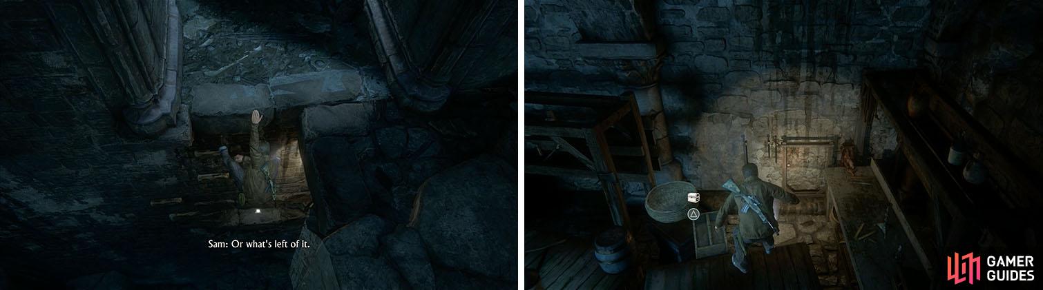 Don’t miss the treasure on the ledges below the broken bridge (left) and another when you climb up the via the metal crate (right).