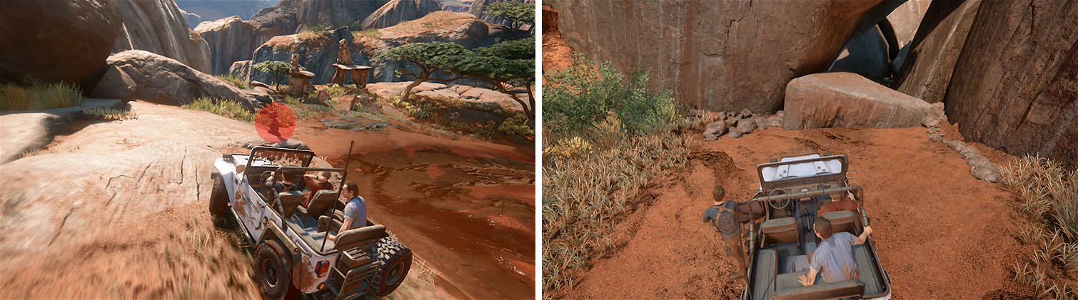 The cairn by the ruins here is easy to miss (left). Don’t forget to also exit the vehicle to examine the cave for a treasure as well (right).