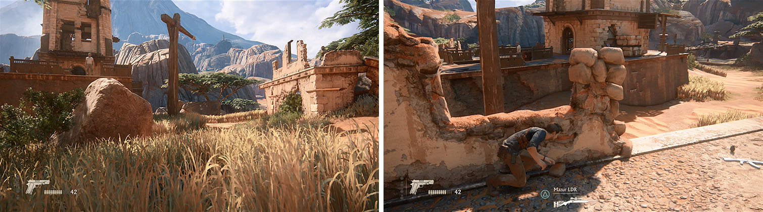 Hide in the grass until it’s clear to cross to the right structure (left). After killing the enemy wait again to head to the main tower platform (right).