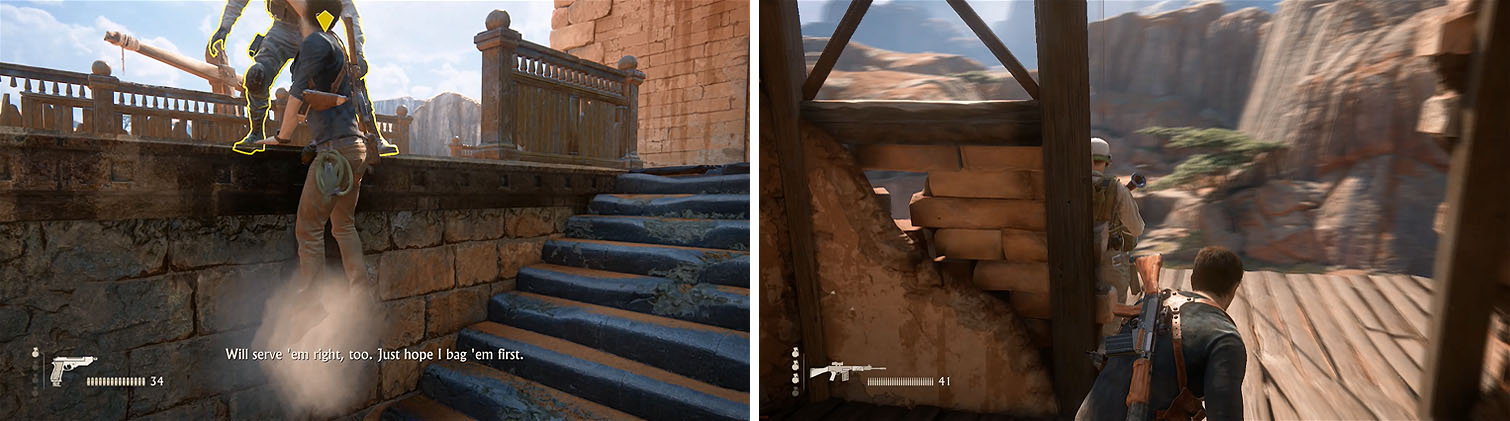 After killing the other enemy near the stairs (left) climb up the tower, but watch out for this enemy on the third floor (right).