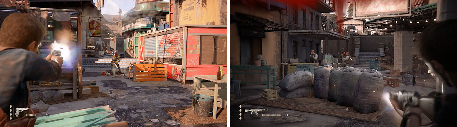 Take down the first group of enemies (left) and then take cover behind the meat counter to avoid the turret fire while you take down the second group (right).