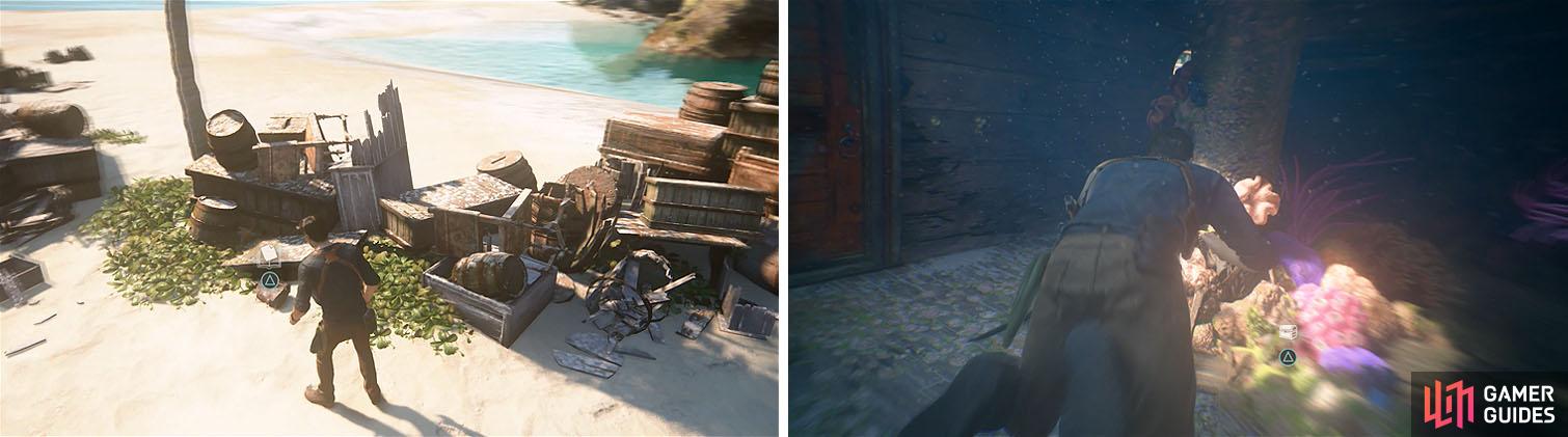 Check the supplies on the beach for a note (left) and then search the hold of the sunken ship for a treasure (right).