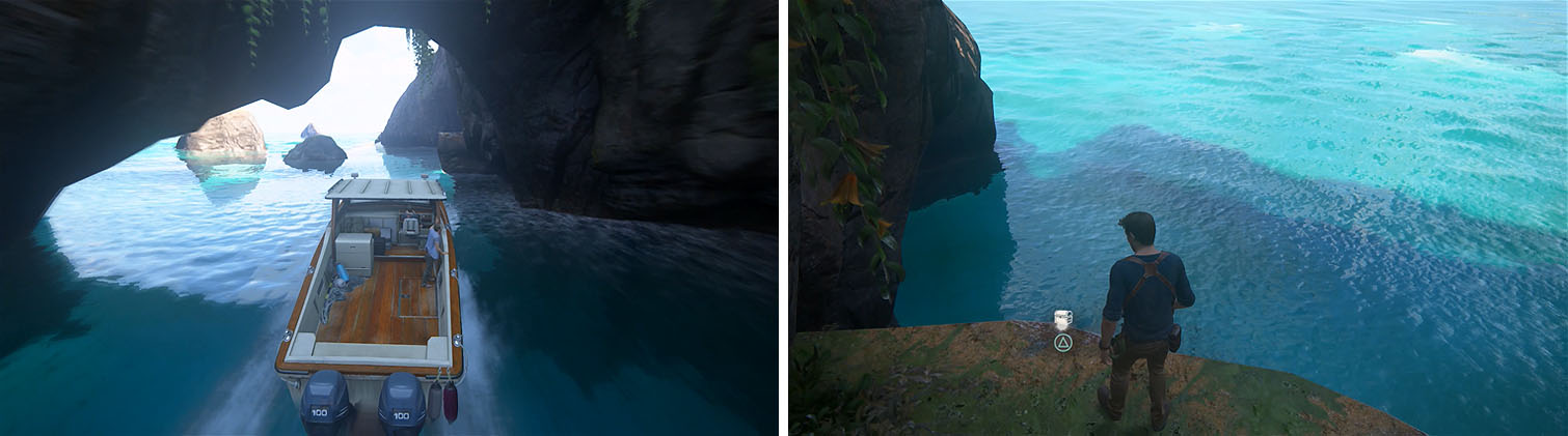 This ledge (left) will lead to a well hidden treasure above (right).