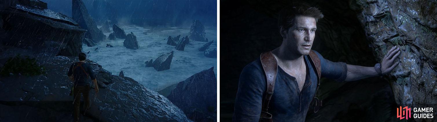 Climb the storm wrecked coast until Nate falls (left). After the storm you’ll get a glimpse of Sam and be on your way again (right).