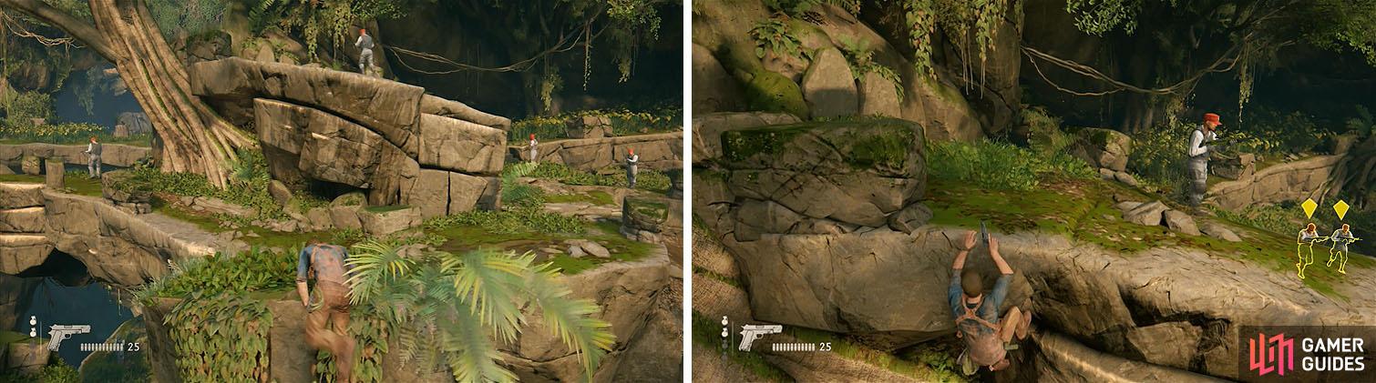 Pull up to the top of the pillar when it’s clear and jump across to the ledge ahead (left). Wait for the right opportunity to climb up next to the enemy (right).