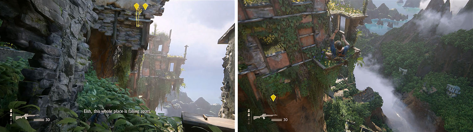You need to grapple to the building in the center of the area, but don’t worry the enemies shouldn’t detect you even if they turn yellow.