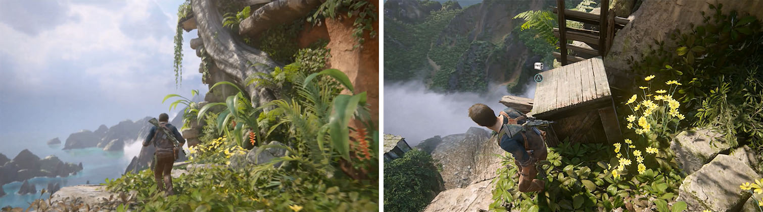 Leap off this ledge (left) to grapple around to a well hidden treasure (right).