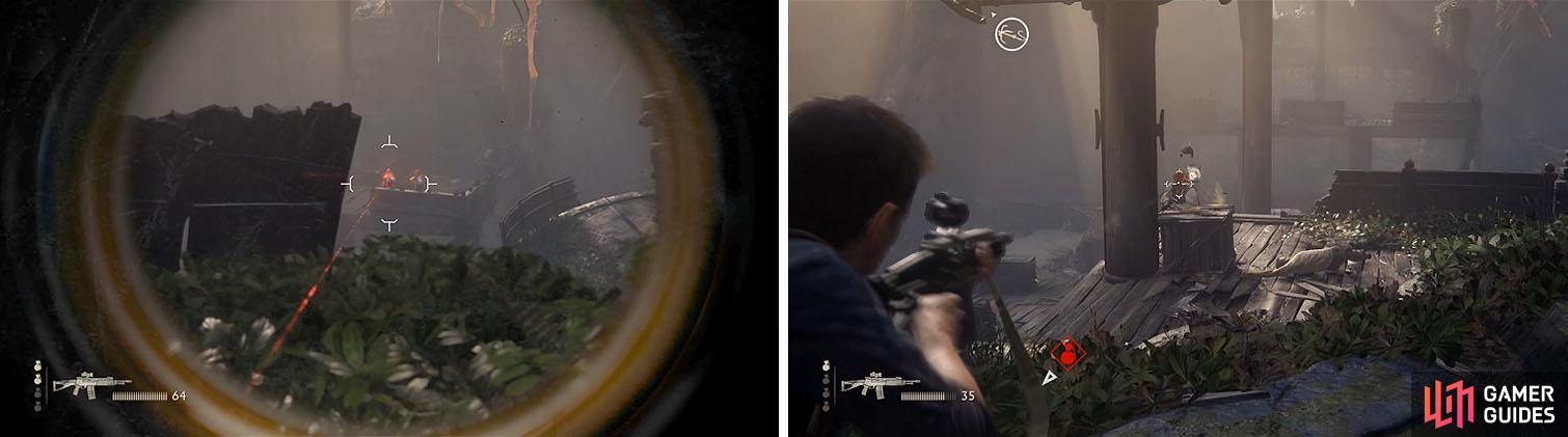 Focus on the sniper first with a scoped weapon, if you have one (left). The remaining enemies can be taken out as you advance forward (right).