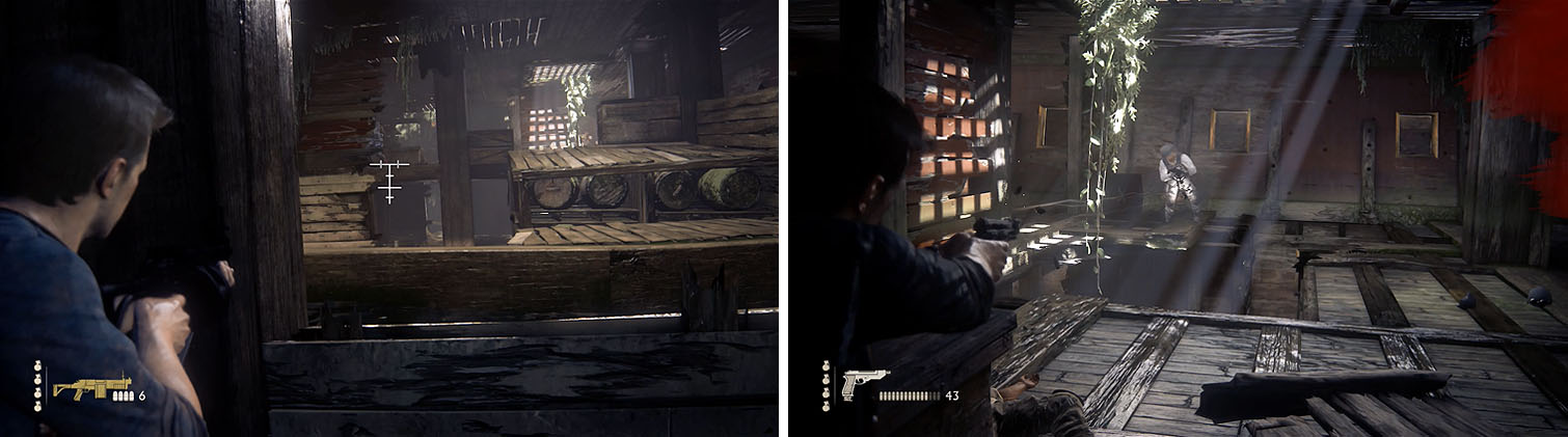 Take out the enemy with the grenade launcher on the upper level first (left) and then deal with the remaining enemies (right).