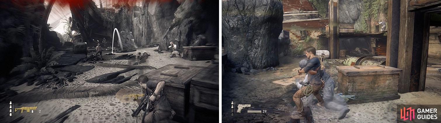 Watch out for the shotgun reinforcements (left). In the next area try and kill some enemies with stealth (right).