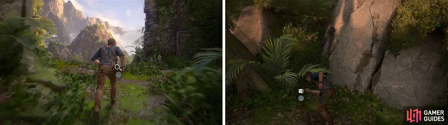 After spotting Sam’s footprints (left) grapple the tree and turn around to find a ledge with a treasure (right).