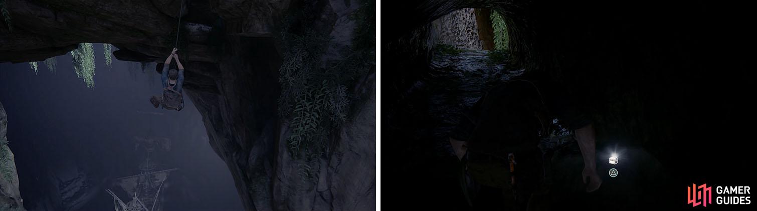 While hanging above Avery’s ship look for a ledge at the top of the cavern (left) to find a treasure inside the tunnel (right).