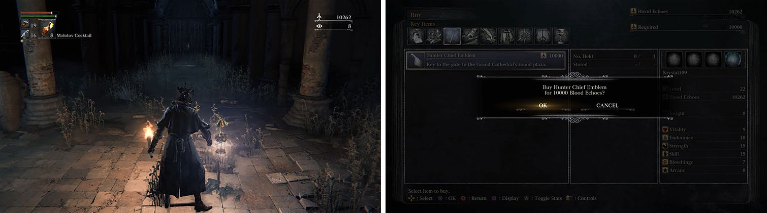 Use the Old Yharnam lamp to return to Hunter’s Dream and purchase the Key Item.