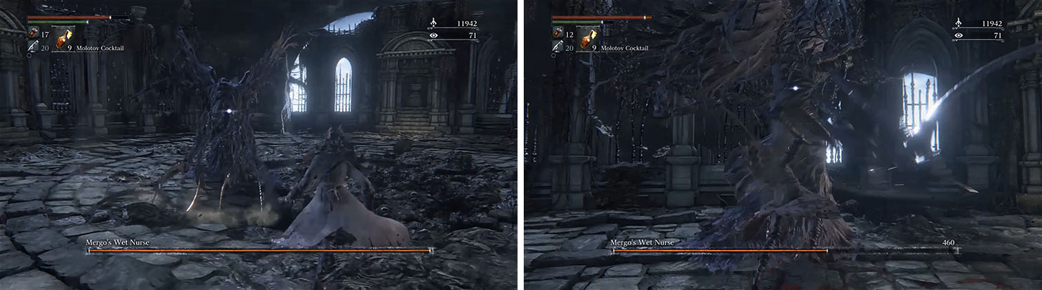 Mergo’s Wet Nurse is open for attack after any long animation, such as her Downward Slash (left). She is also vulnerable to attack when she is stuck in the log Blender Combo (right).