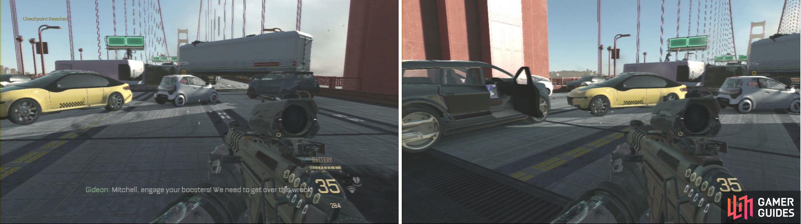 Around 380m from the objective marker, check the left side of the yellow car to find it inside another car.