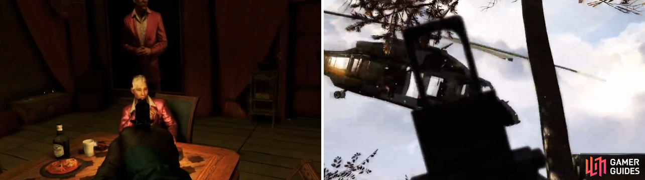 You’ll get two opportunities to kill Pagan during the various endings, one by shooting him when given the chance (left) or by shooting his helicopter down after he shows you to Lakshmana (right).