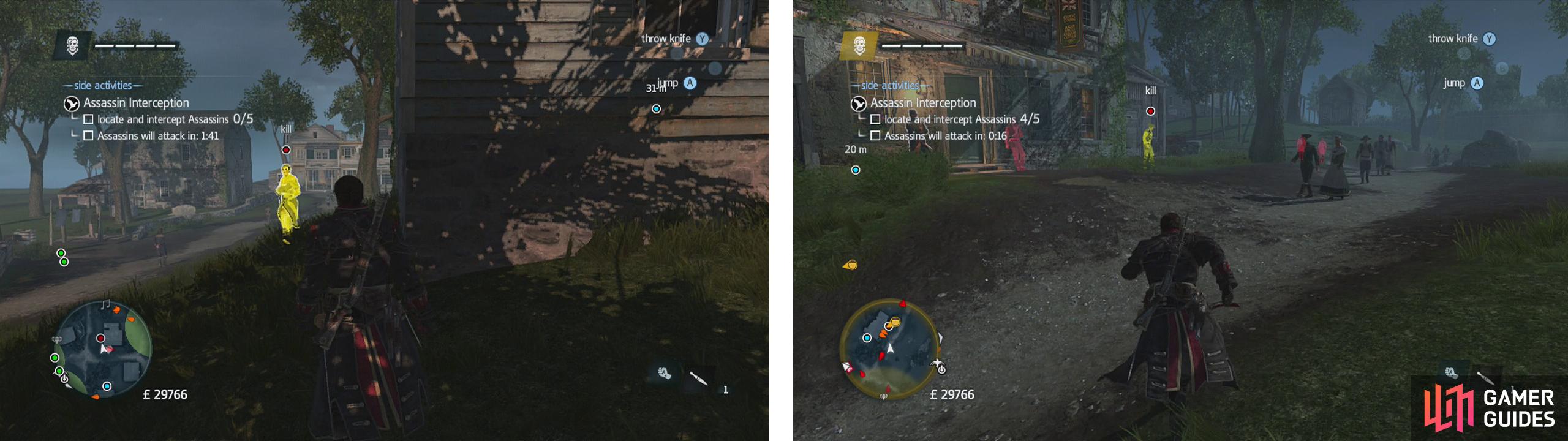 The first assassin is close to the start (left) and the last is around the corner from the target (right).