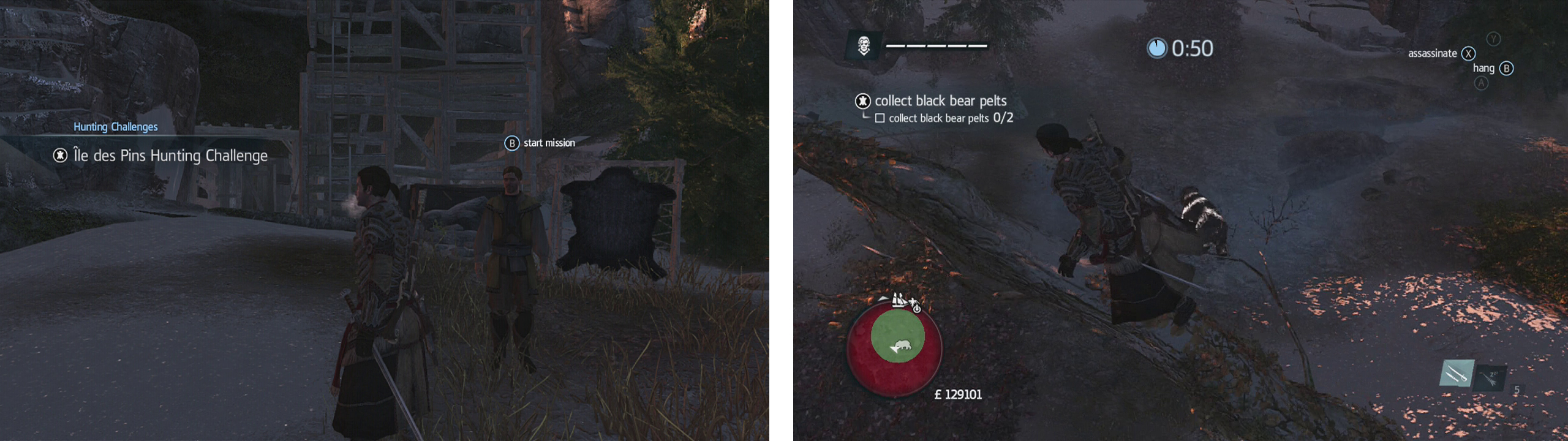 Approach the hunter to start the challenge (left). Use air assassinations or approach bears to initiate the button mash sequence to take them down and skin them (right).